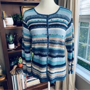 Vintage Y2K Curio Striped Crochet Cardigan Blue Large EUC